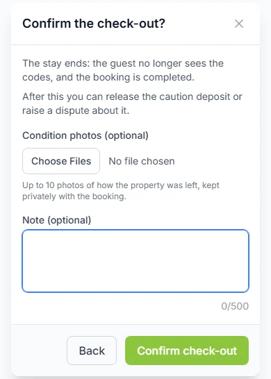Confirm the check-out? box with Condition photos (optional), a Note box and the Confirm check-out button