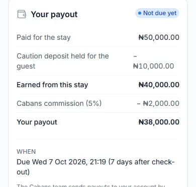Your payout card with Paid for the stay, the deposit held, the 5% commission, Your payout and Due 7 days after check-out