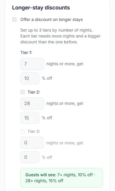 Longer-stay discounts with Tier 1 and Tier 2 filled in, and Guests will see: 7+ nights, 10% off, 28+ nights, 15% off
