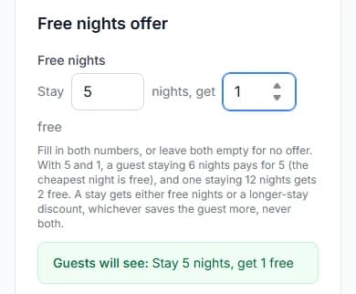 Free nights offer with Stay 5 nights, get 1 free, and Guests will see: Stay 5 nights, get 1 free