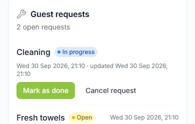 Guest requests with a Cleaning request In progress, with Mark as done and Cancel request
