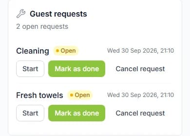 Guest requests panel with two open requests, each with Start, Mark as done and Cancel request