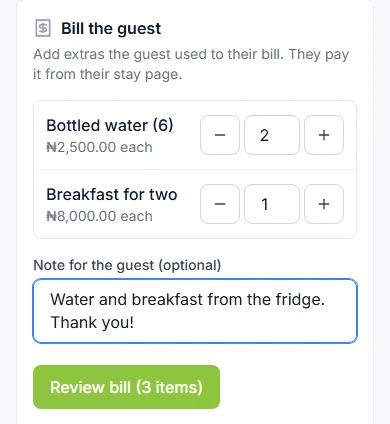 Bill the guest with quantities for Bottled water (6) and Breakfast for two, a note, and Review bill