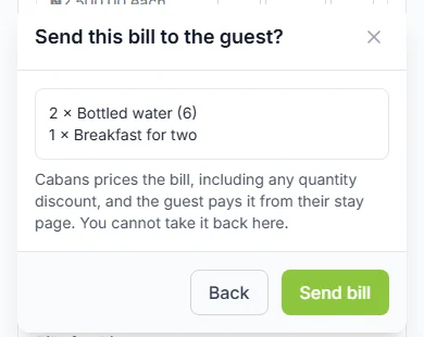 Send this bill to the guest? box listing the items, with the Back and Send bill buttons