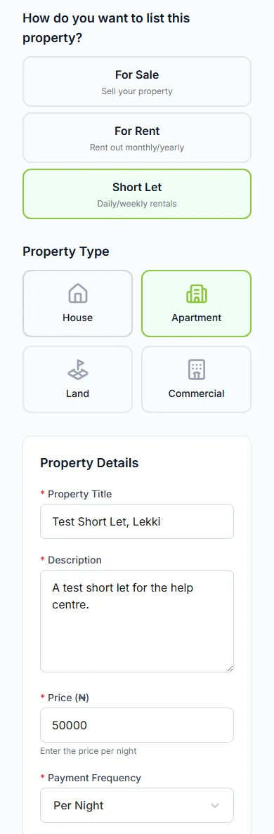 Create Listing with Short Let chosen, a title, the price and Payment Frequency Per Night