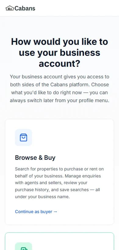 How would you like to use your business account? with Browse & Buy and List & Sell, Go to seller dashboard