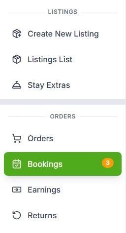 Seller menu: LISTINGS with Create New Listing, Listings List and Stay Extras, and ORDERS with Bookings and Earnings