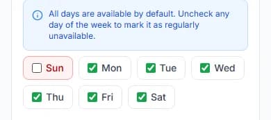 Weekday tick boxes with Sunday unticked, so Sundays are closed