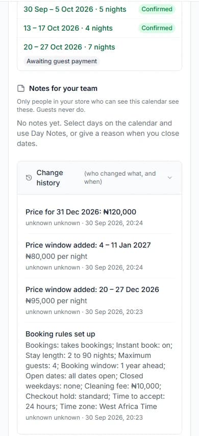 Booked nights list with each booking and its status, and the Change history list
