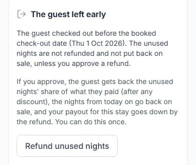The guest left early panel with the Refund unused nights button