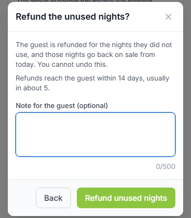 Refund the unused nights? box with Note for the guest (optional) and the Refund unused nights button