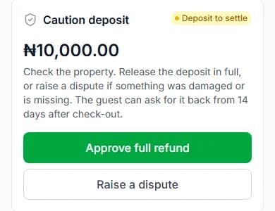 Caution deposit panel with Deposit to settle, the amount, Approve full refund and Raise a dispute