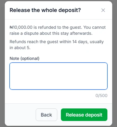 Release the whole deposit? box with the refund timing and the Release deposit button
