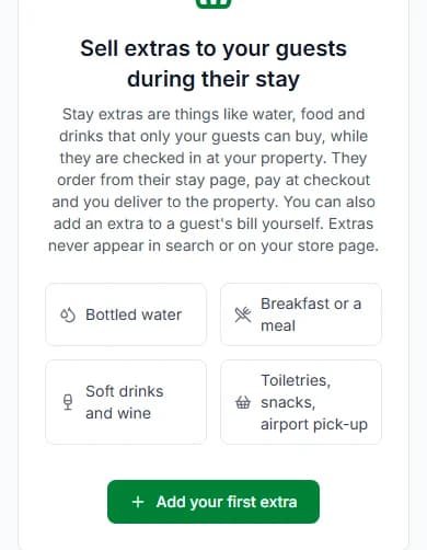 Stay Extras with no extras yet: Sell extras to your guests during their stay, and Add your first extra