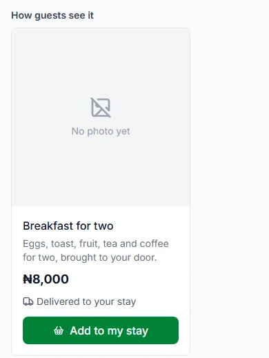 Add a stay extra: the live preview How guests see it, with the name, description, price and Add to my stay