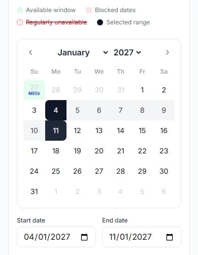 Calendar with a date range selected, from 4 to 11 January, and the start and end dates filled in