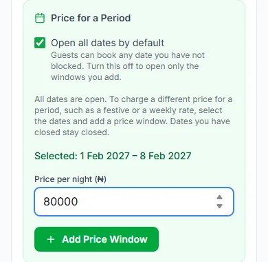 Price for a Period panel with Price per night filled in and the Add Price Window button