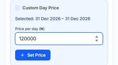 Custom Day Price panel with one day selected, Price per day filled in and the Set Price button