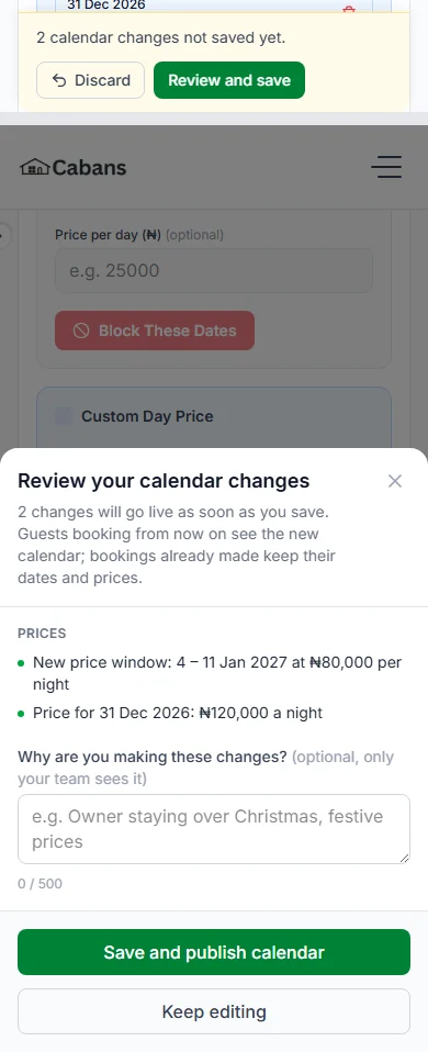 Bar 2 calendar changes not saved yet, and the Review your calendar changes box with Save and publish calendar