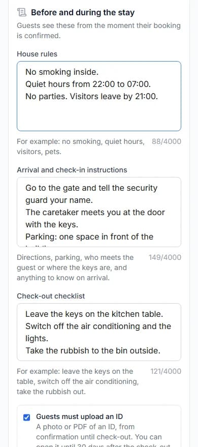 Before and during the stay with House rules, Arrival and check-in instructions and Check-out checklist filled in