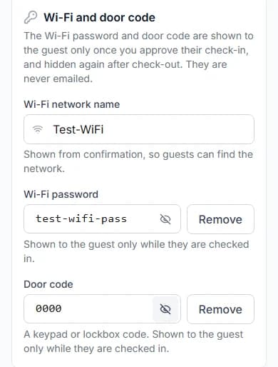 Wi-Fi and door code filled in with test values: network Test-WiFi, password test-wifi-pass, door code 0000