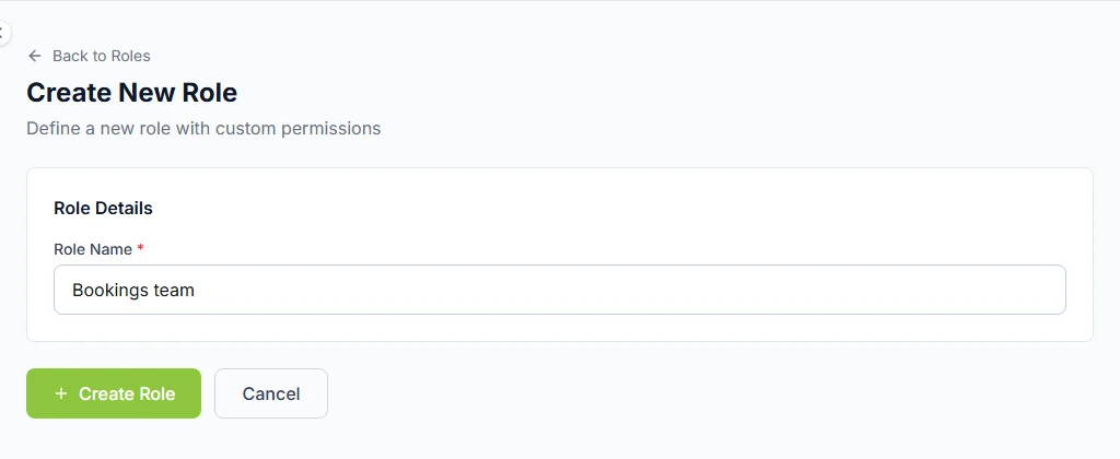 Create New Role with Role Name filled in as Bookings team and the Create Role button