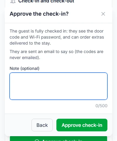 Approve the check-in? box open over the Check-in and check-out panel, with the Approve check-in button