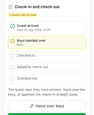 Check-in and check-out panel at Guest has arrived, with the Hand over keys button