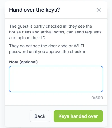 Hand over the keys? box with a Note box and the Keys handed over button