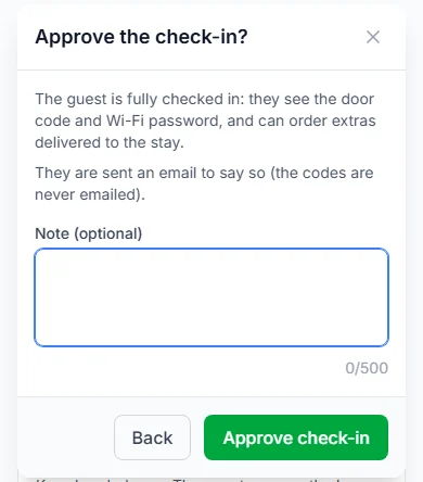 Approve the check-in? box with a Note box and the Approve check-in button