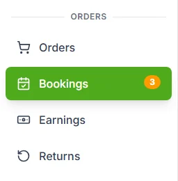 Seller menu with Bookings and the amber number of requests waiting