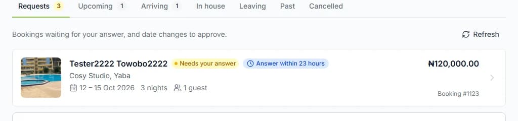 Bookings page Requests tab with a row showing Needs your answer and Answer within 23 hours